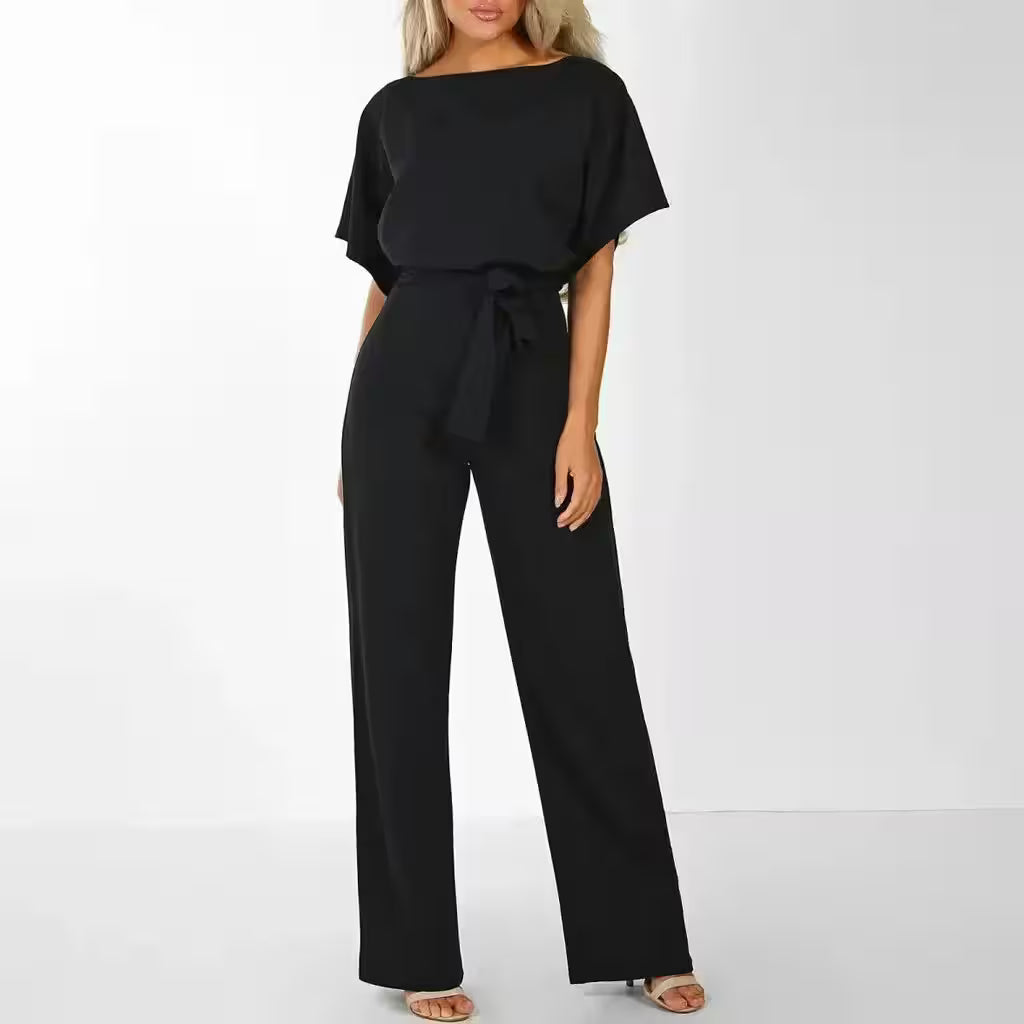 Pants - Casual Romper With Belt Elegant Wide Leg Pants