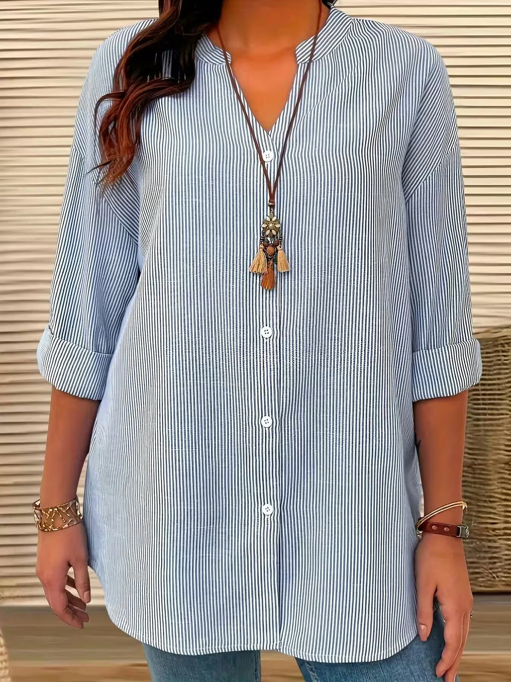 Tops - Plus Size Casual Shirt Office Lady Stripe Curve Clothing