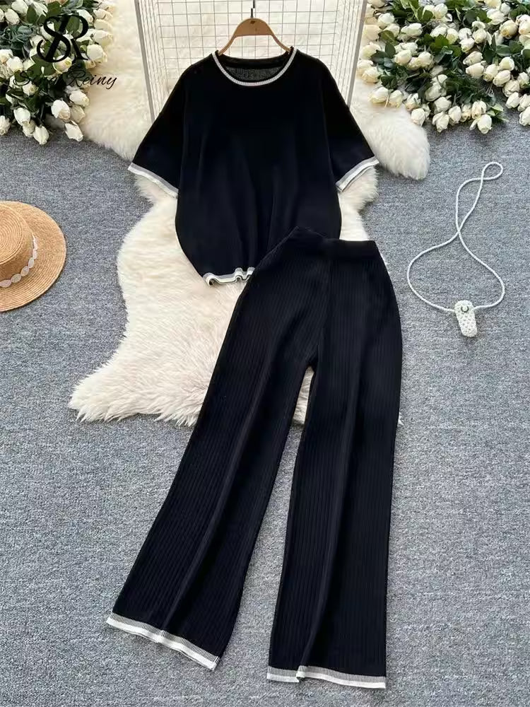 Short Sleeves Loose Top+High Waist Wide Legs Pants - Additional View 5
