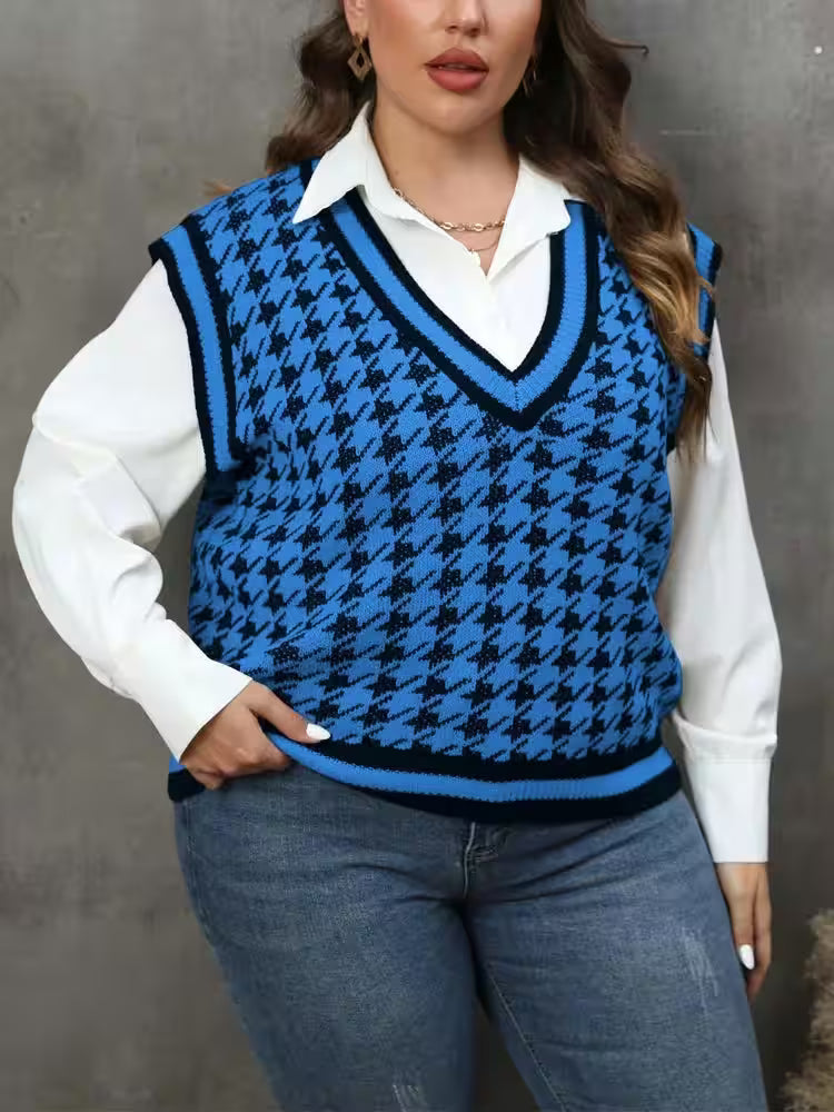 Plus Size Vintage Houndstooth Knitted Sweater Tops - Additional View 4