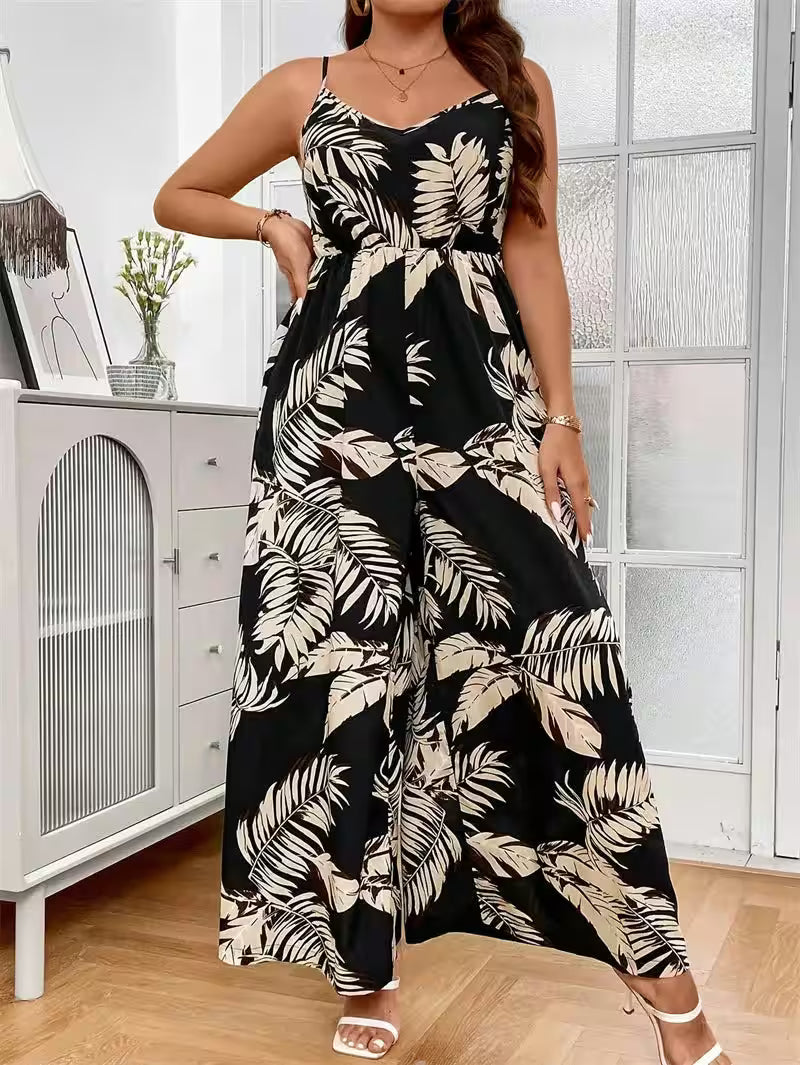 Plus Size Tropical Print Cami Jumpsuits - Additional View 5