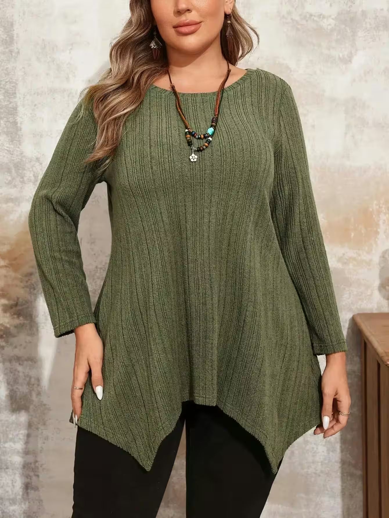Tops - Plus Size Solid  T-shirt, Casual Long Sleeve Spring