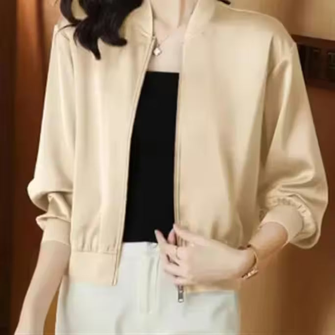 Coat Short - silk-short-jacket-woman-coat-loose-satin-outwear-solid-color-cloth-zip-baseball-jacket-spring-autumn-clothes-thin-female-jacket