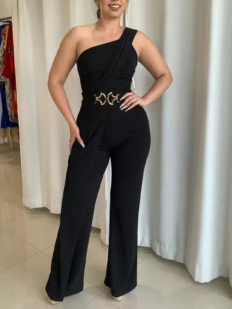 Jumpsuit Casual Wide-Leg Romper with Metal Belt - Additional View 4