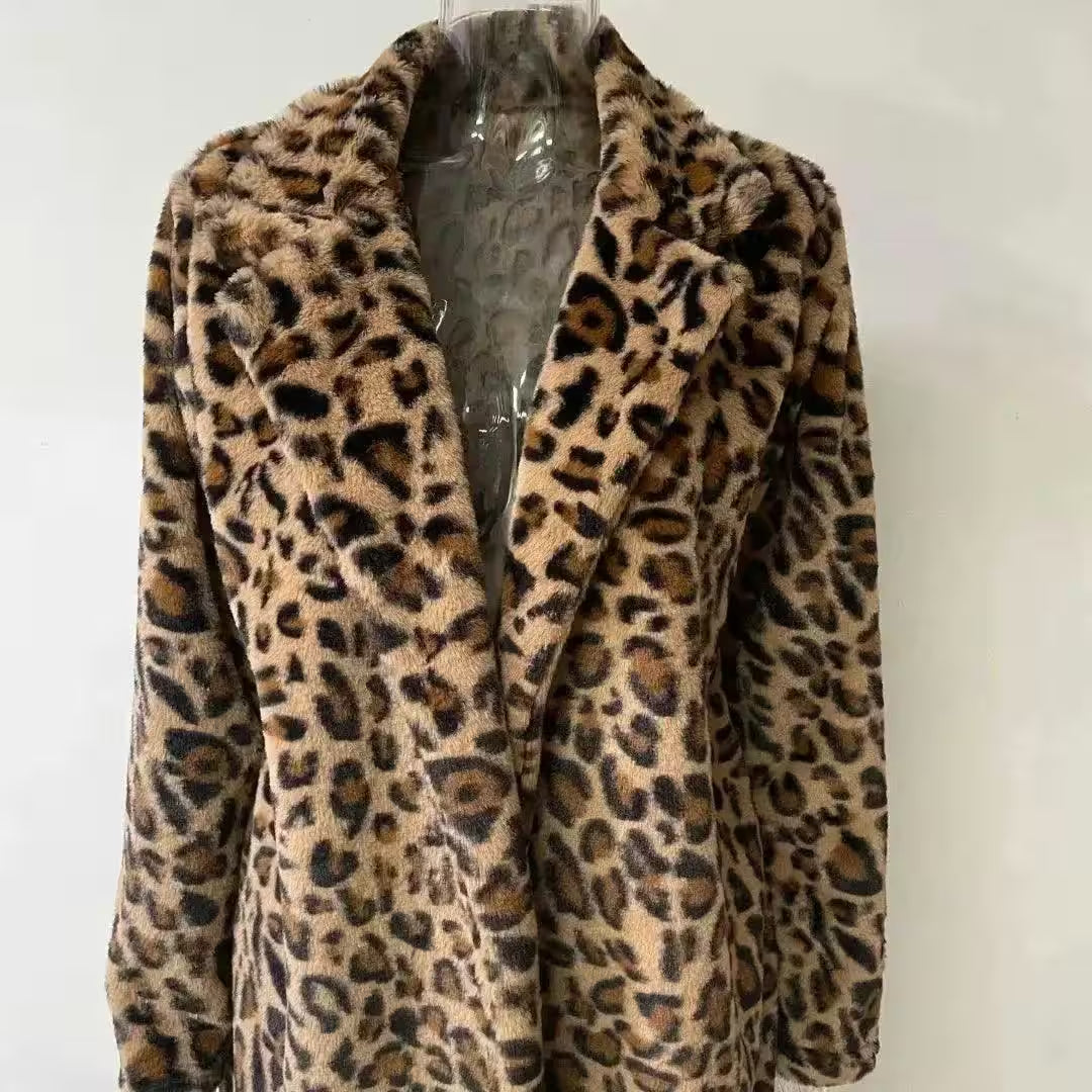 Autumn Winter Leopard Print Faux Fur Coat Long Sleeve - Women's Fashion - View 7