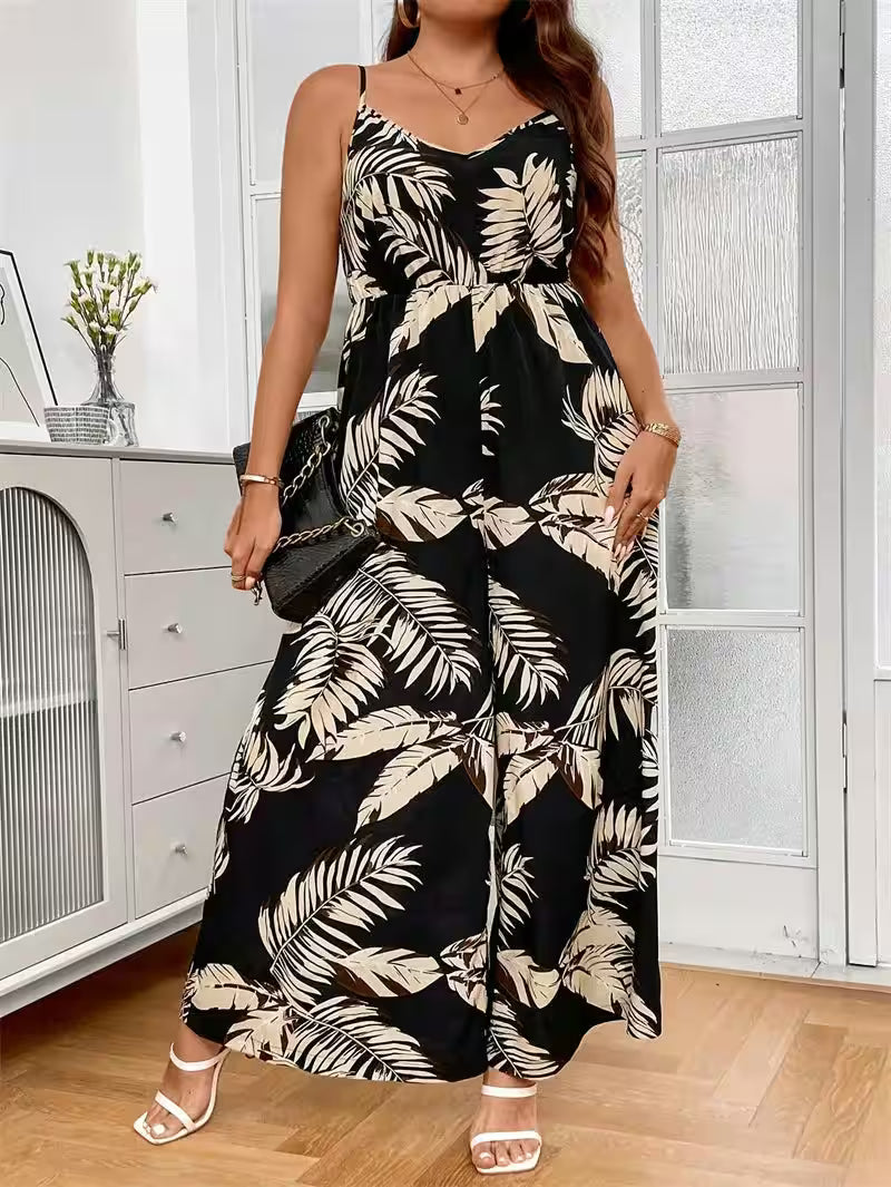 Plus Size Tropical Print Cami Jumpsuits - Additional View 6