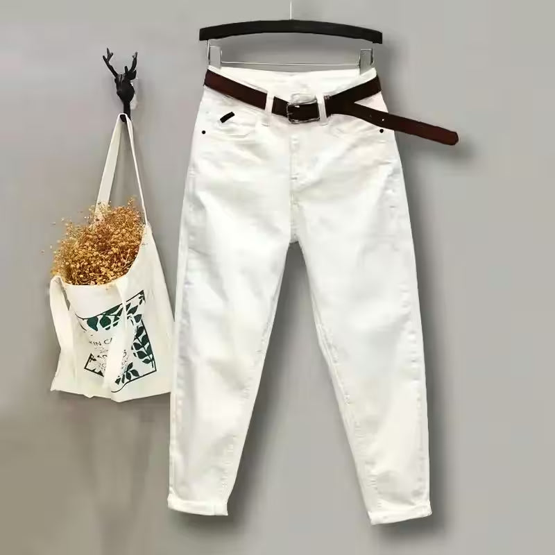 Bottoms - Jeans White High Waist Skinny Cropped Tappered Casual Pantalones