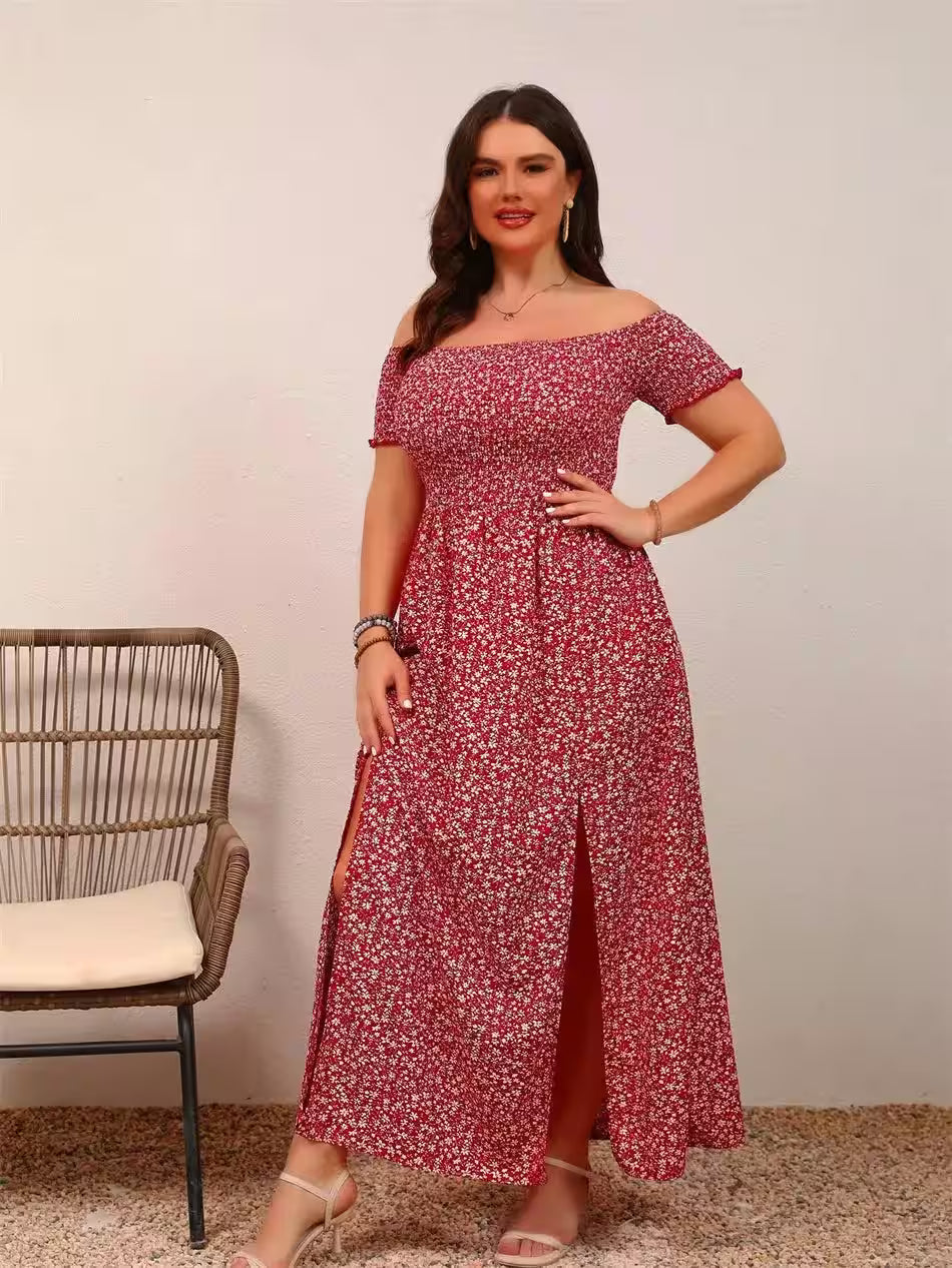 Plus Size Ditsy Floral Print Off Shoulder Dress - Additional View 2