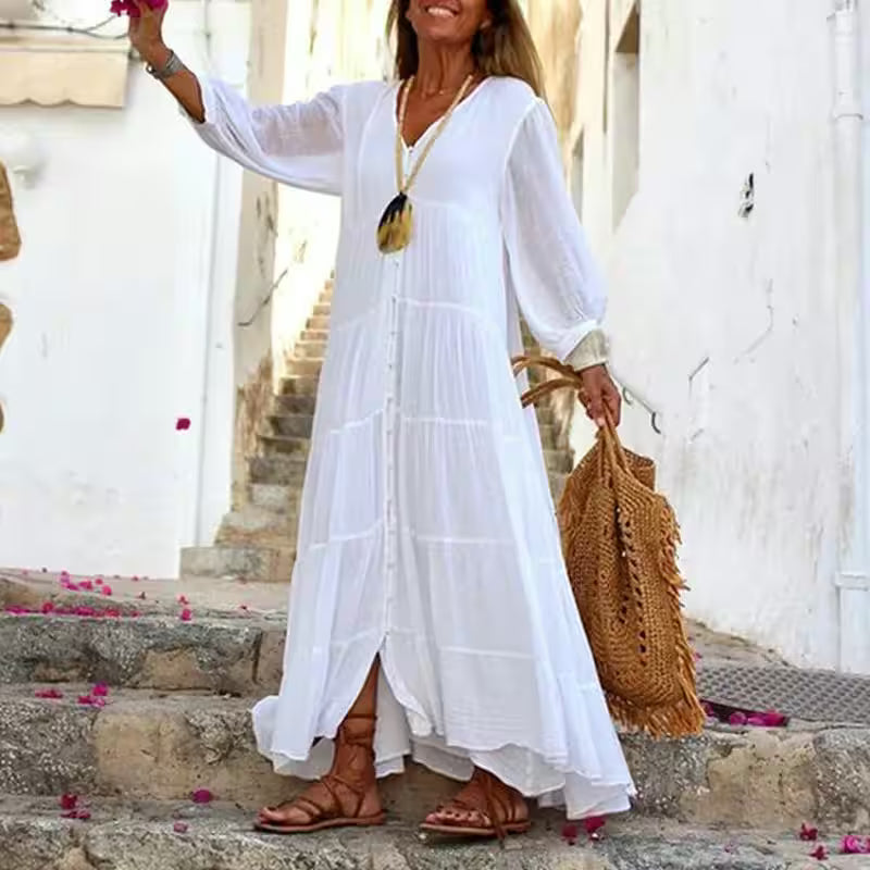 V-Neck Loose Long Sleeve Cotton And Linen Dress - Additional View 2