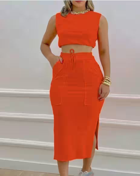 Skirt Set Solid Round Neck Short Sleeveless Top - Additional View 6