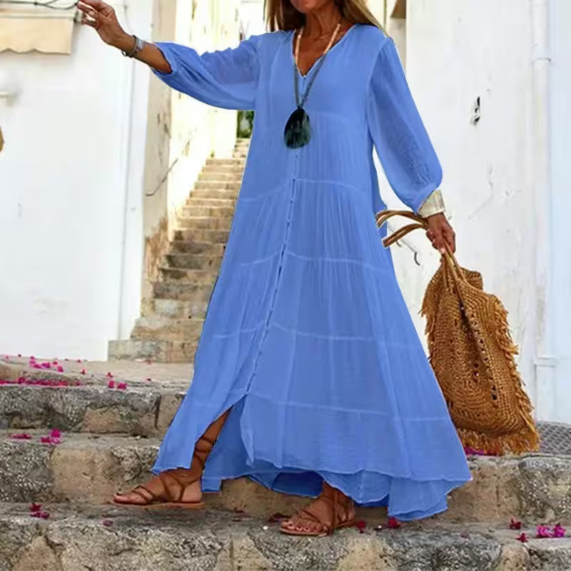 V-Neck Loose Long Sleeve Cotton And Linen Dress - Additional View 5