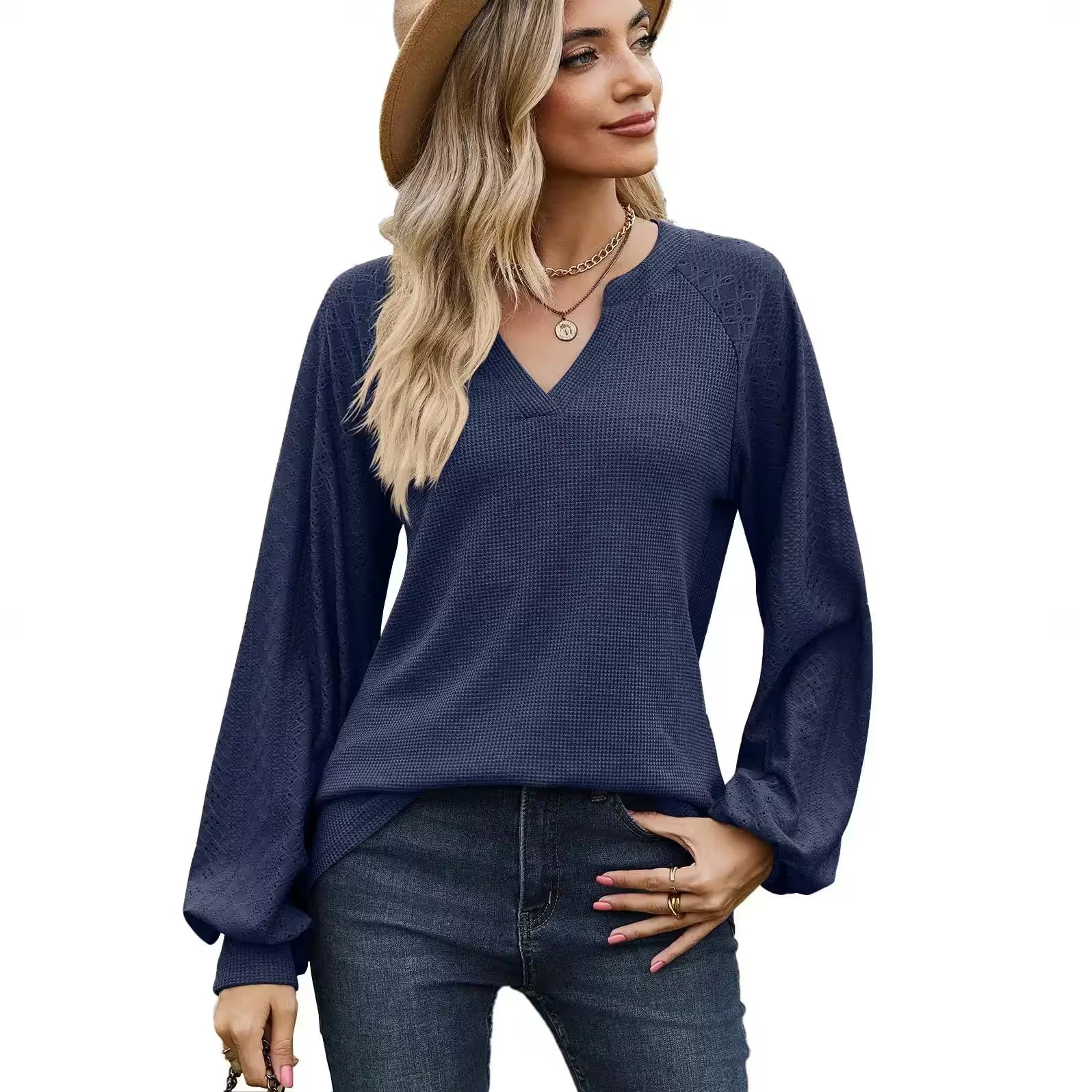 V-Neck Casual Long Sleeve T-shirt - Women's Fashion - View 3