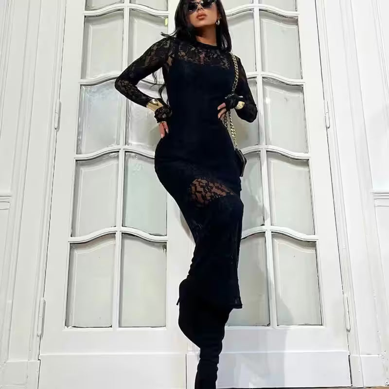 Hollow Out Lace Party Dress Fashion Sexy Printing Slim - Additional View 5