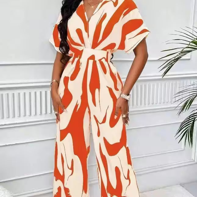 Casual Wide Leg Print V-neck Short Sleeve Jumpsuits - Women's Fashion - View 4