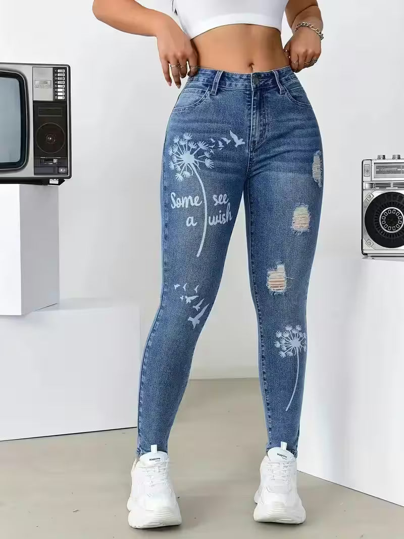 Stretch Trousers Slim Fit Jeans Print Flower Casual Fashion - Additional View 6