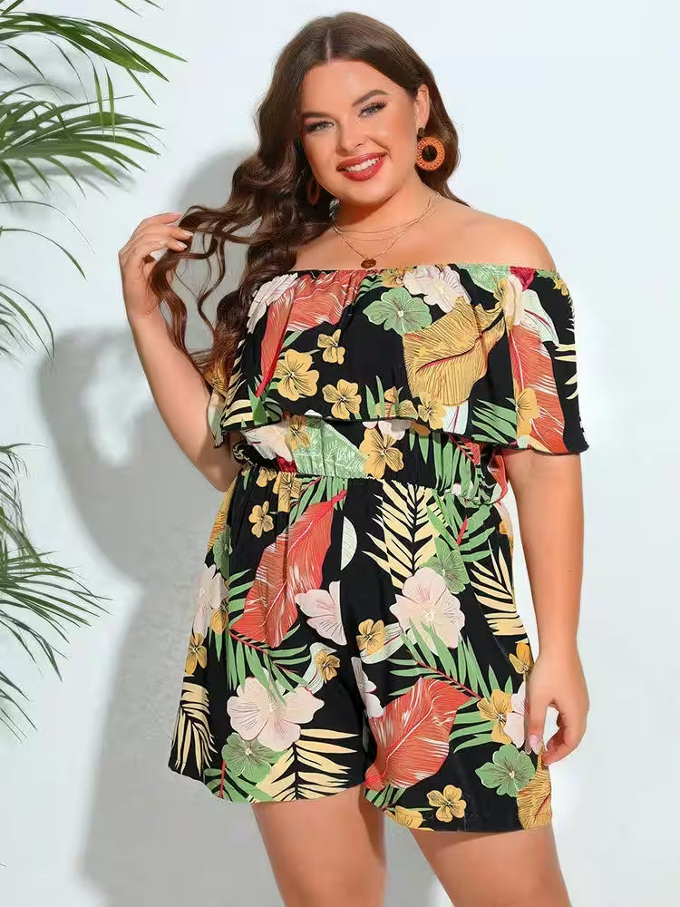 Plus Size Floral Print Off Shoulder Jumpsuit - Additional View 3