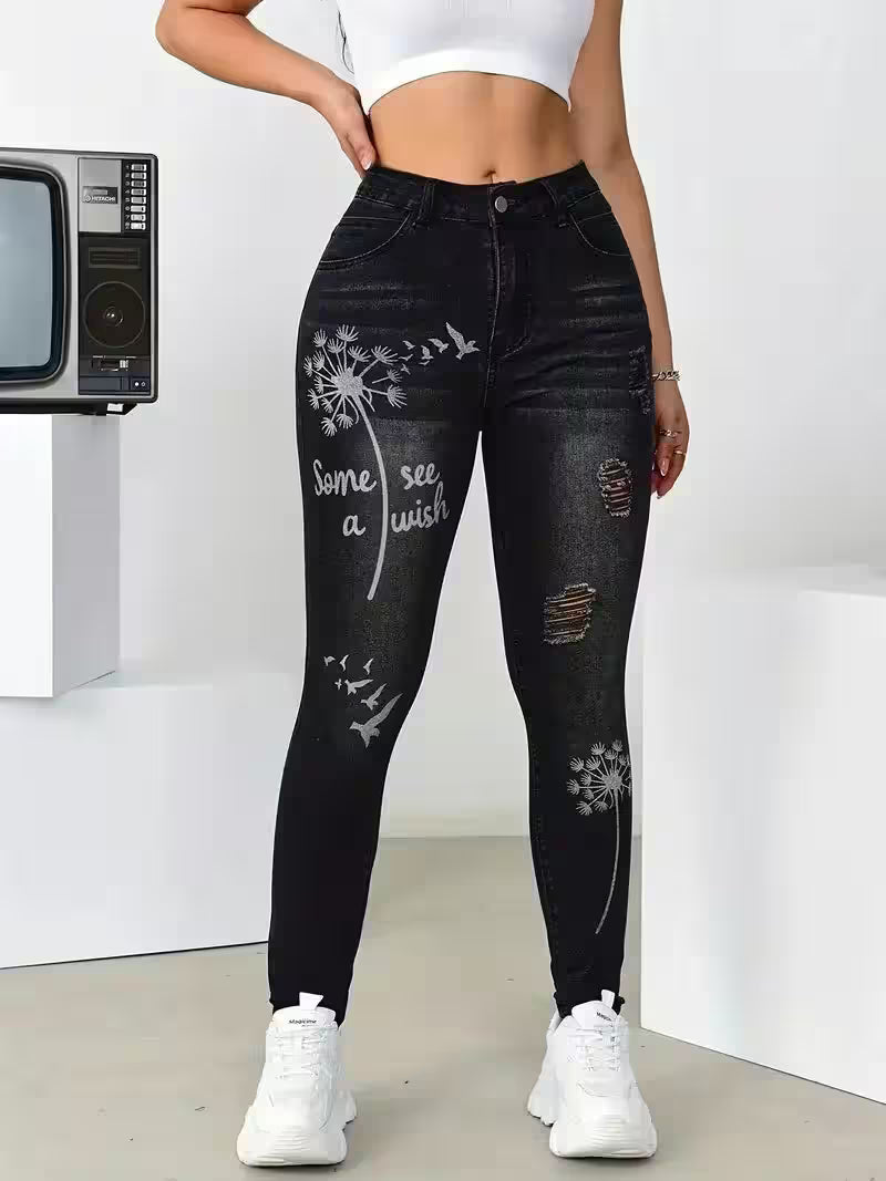 Stretch Trousers Slim Fit Jeans Print Flower Casual Fashion - Additional View 4