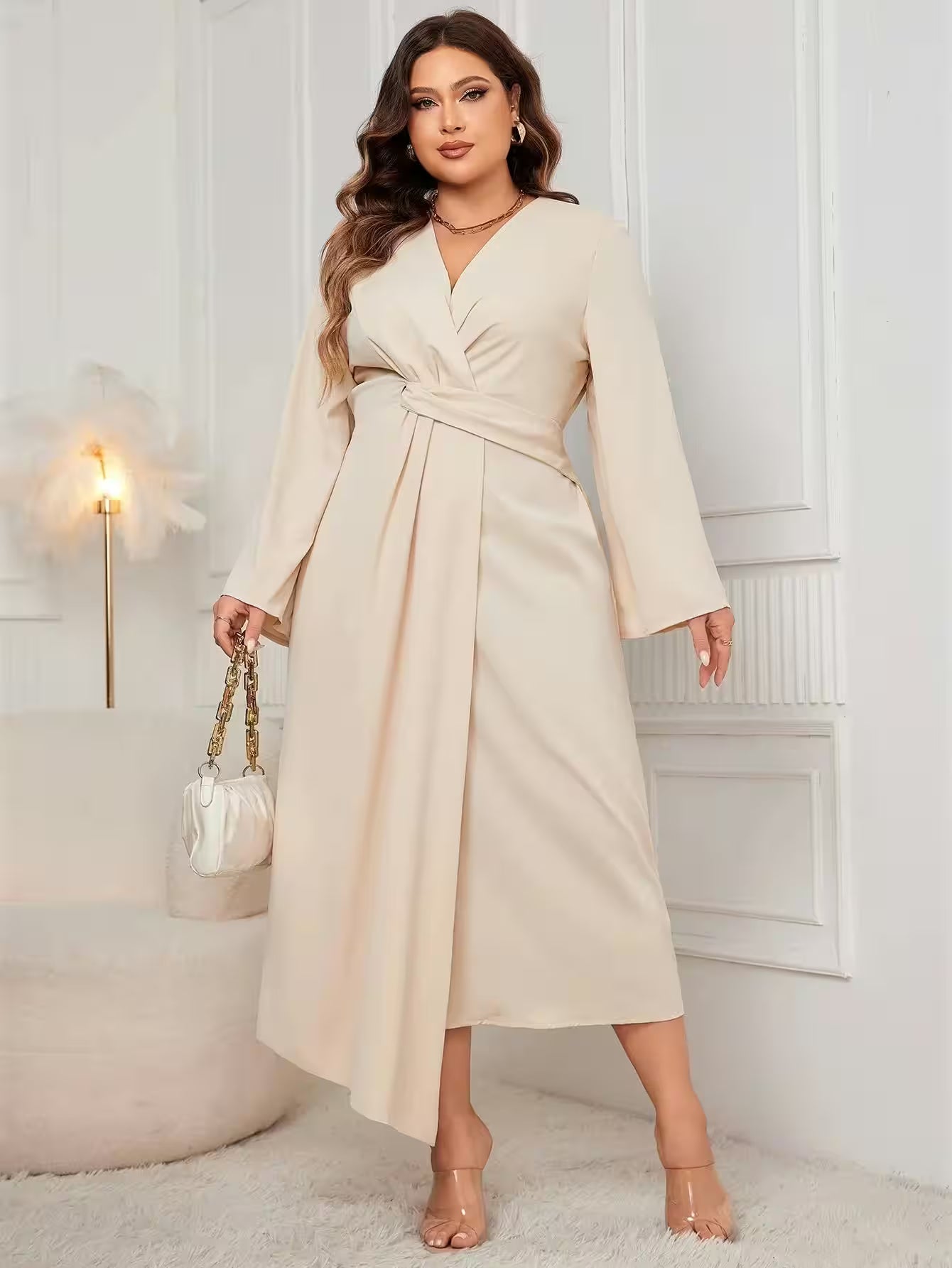 Dresses - Plus Size Solid Color Dress V Neck Front Twist for Women