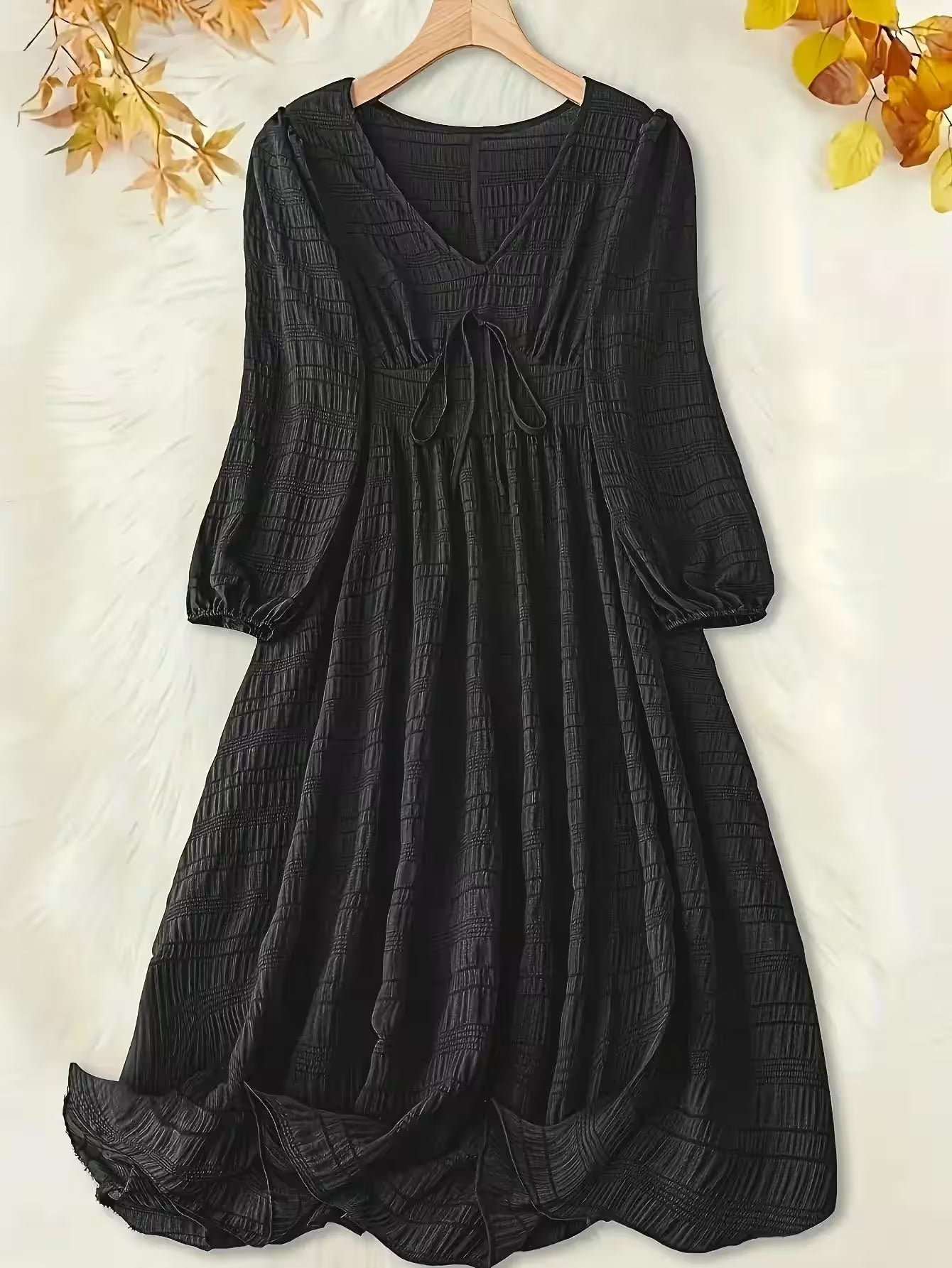 Plus Size Casual Dress with Textured Lantern Sleeves - Additional View 6