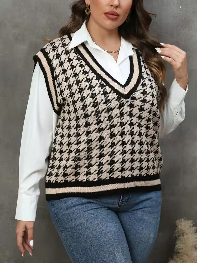 Plus Size Vintage Houndstooth Knitted Sweater Tops - Additional View 3