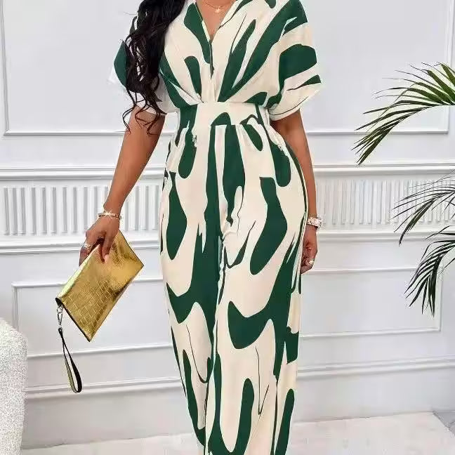 Casual Wide Leg Print V-neck Short Sleeve Jumpsuits - Women's Fashion - View 7