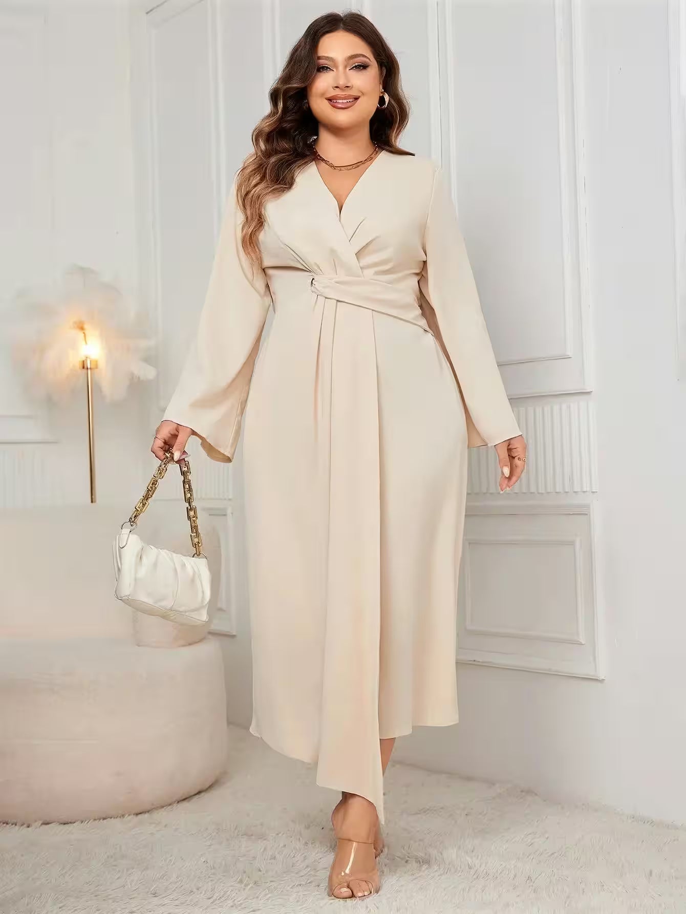 Plus Size Solid Color Dress V Neck Front Twist - Women's Fashion - View 4