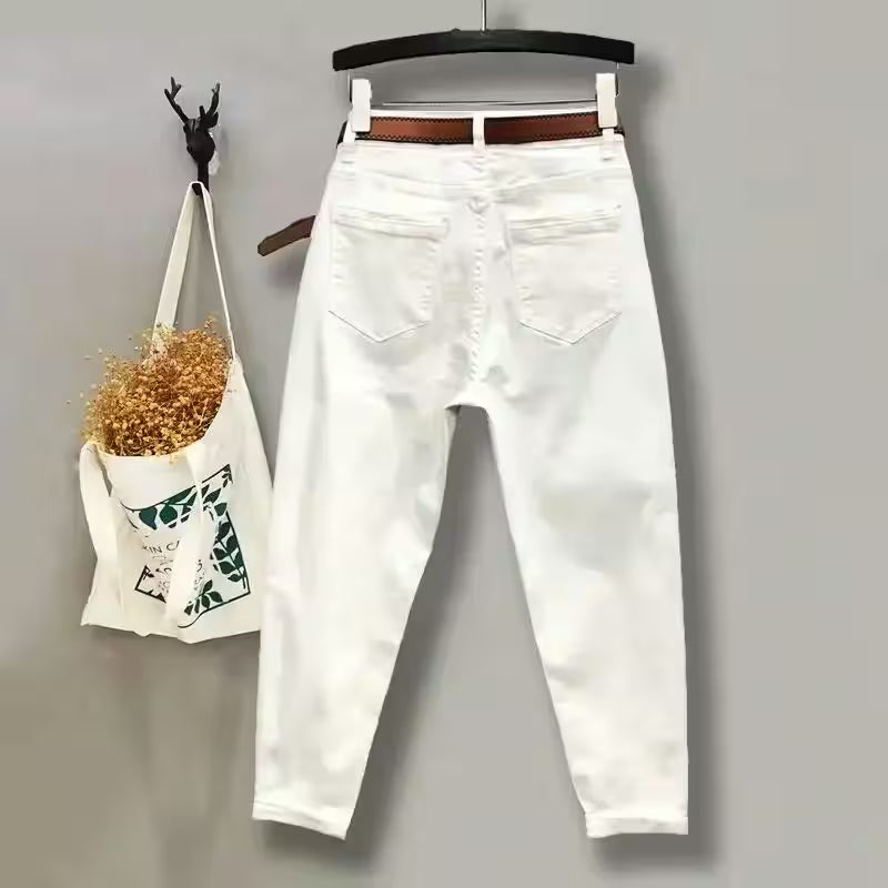Jeans White High Waist Skinny Cropped Tappered Casual Pantalones - Additional View 4