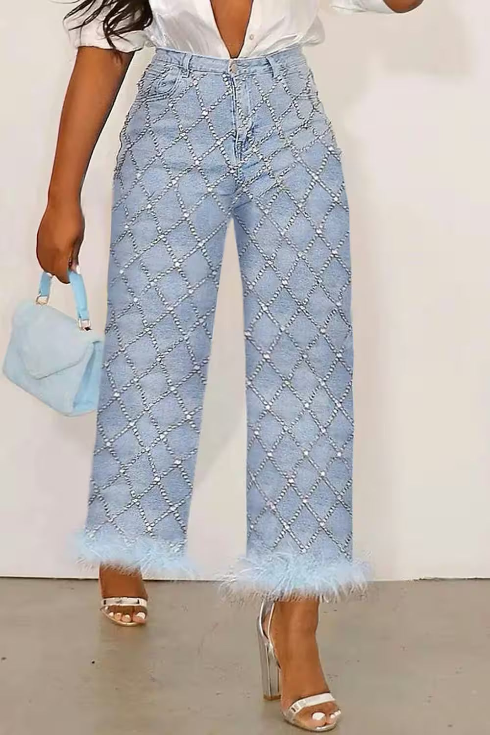 Dresses - Jean Light Blue High Waist Drilling Straight