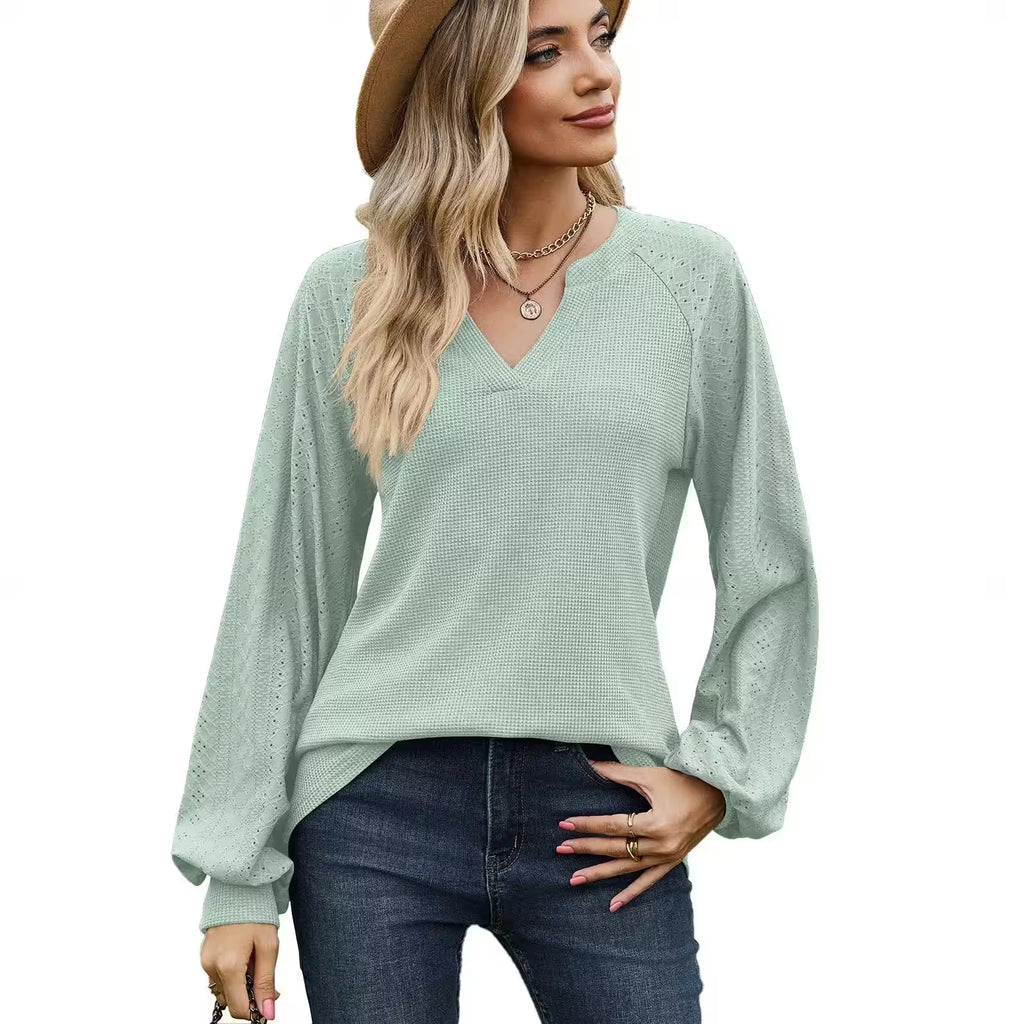 V-Neck Casual Long Sleeve T-shirt - Women's Fashion - View 7