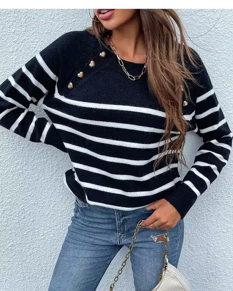 Dresses - Striped Pullover Shoulder Button Sweater for Women