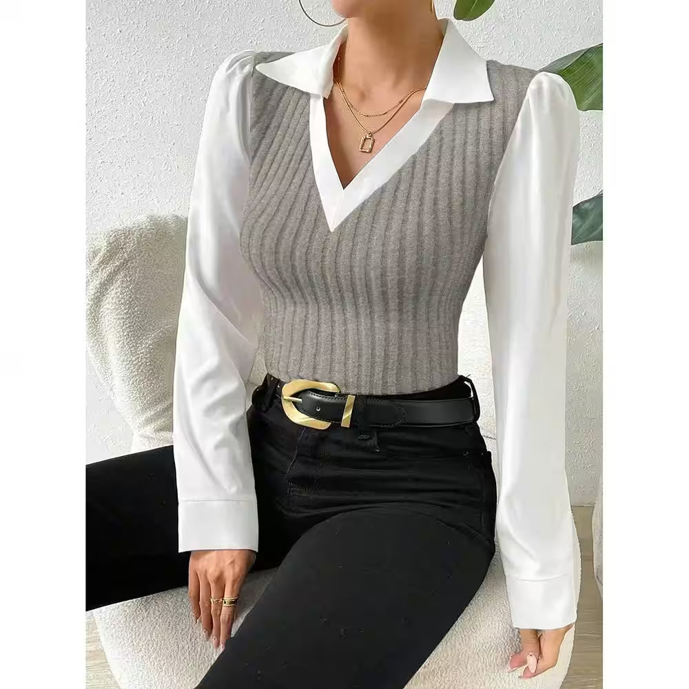 Shirt Long Sleeve V Neck Collar Slim Fit Blouses - Additional View 5