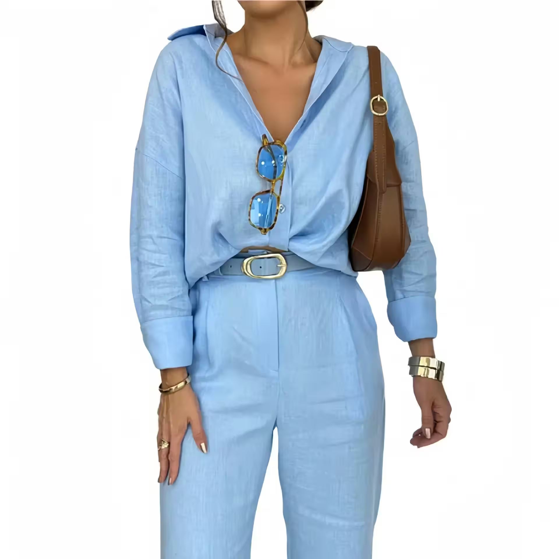 Shirt Top + Pocket High Waist Trousers Spring Autumn Set - Additional View 4
