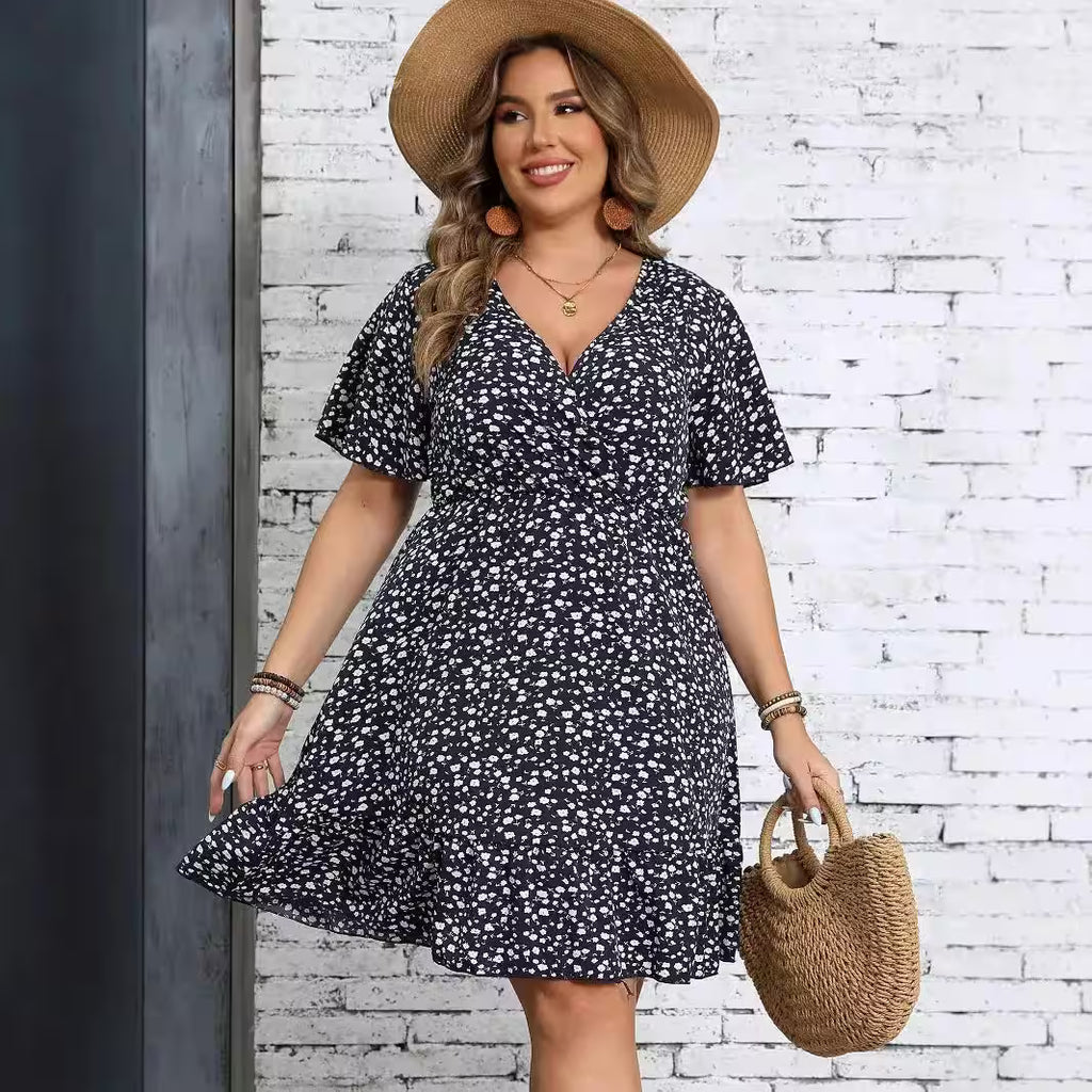 Large-size Floral Short-sleeved Package V-neck A-line Dress - Additional View 2