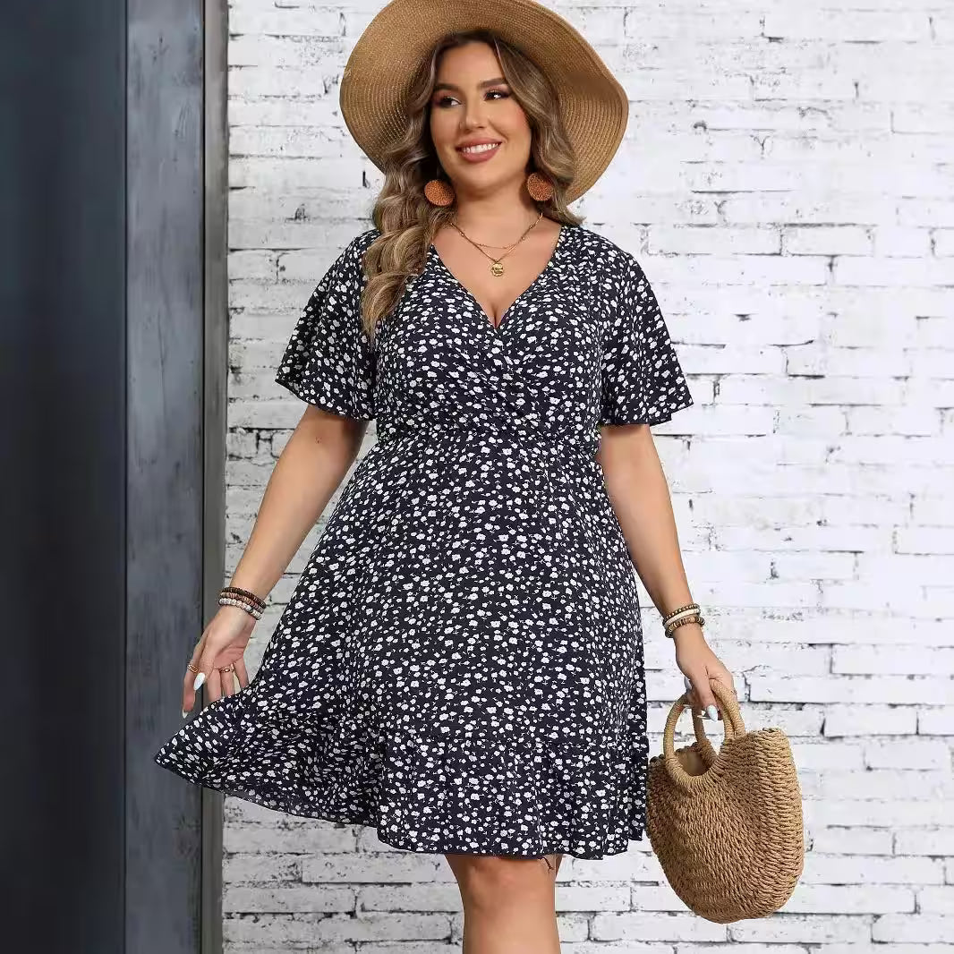 Large-size Floral Short-sleeved Package V-neck A-line Dress - Additional View 2