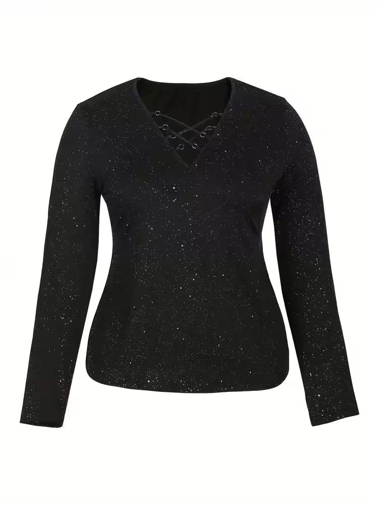 Plus Size Glitter Criss Cross Deep V Neck Long Sleeve - Additional View 3