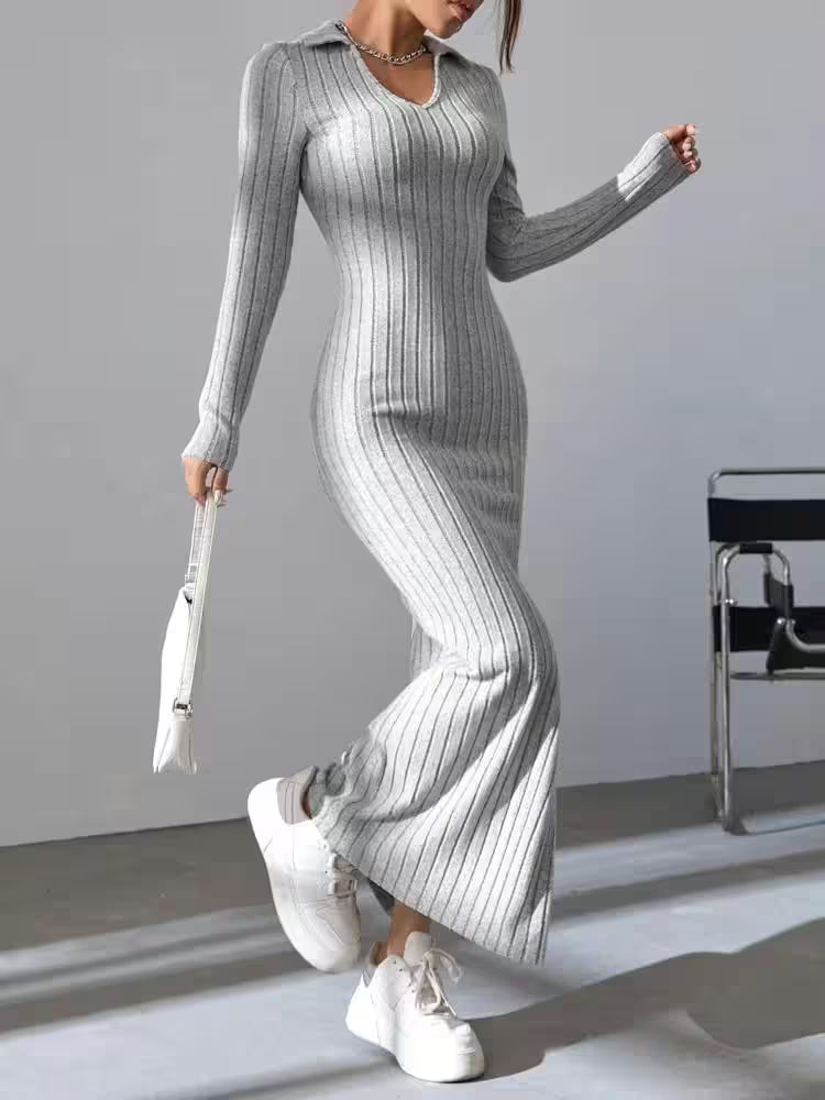 Sexy knit V-neck reverse neck split dress autumn winter - Additional View 2