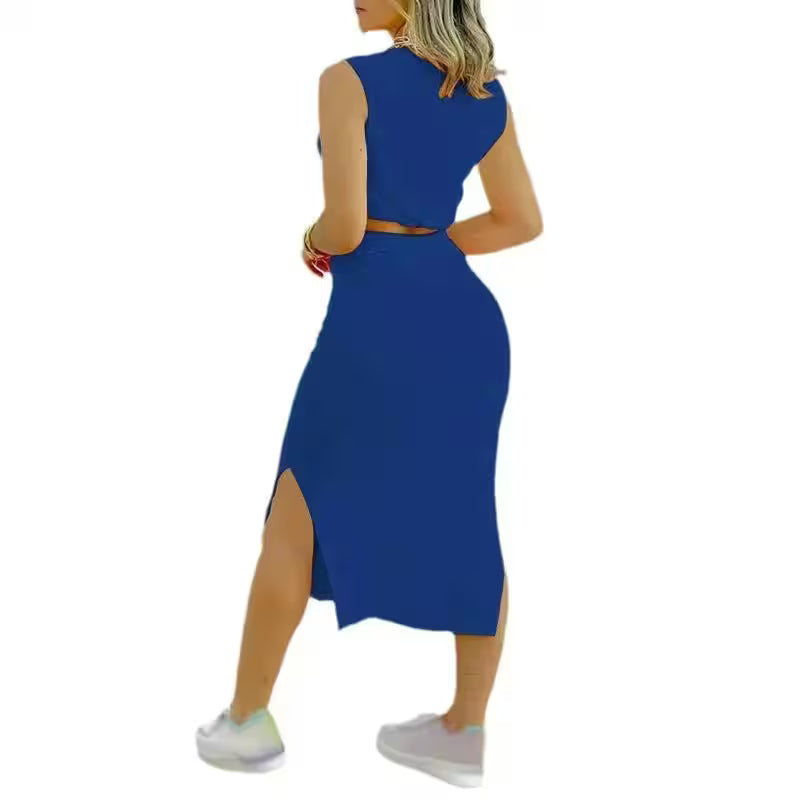 Skirt Set Solid Round Neck Short Sleeveless Top - Additional View 4