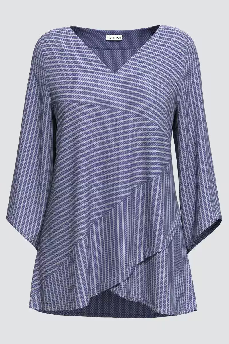 Plus Size Casual Striped Print V Neck Asymmetric - Additional View 3