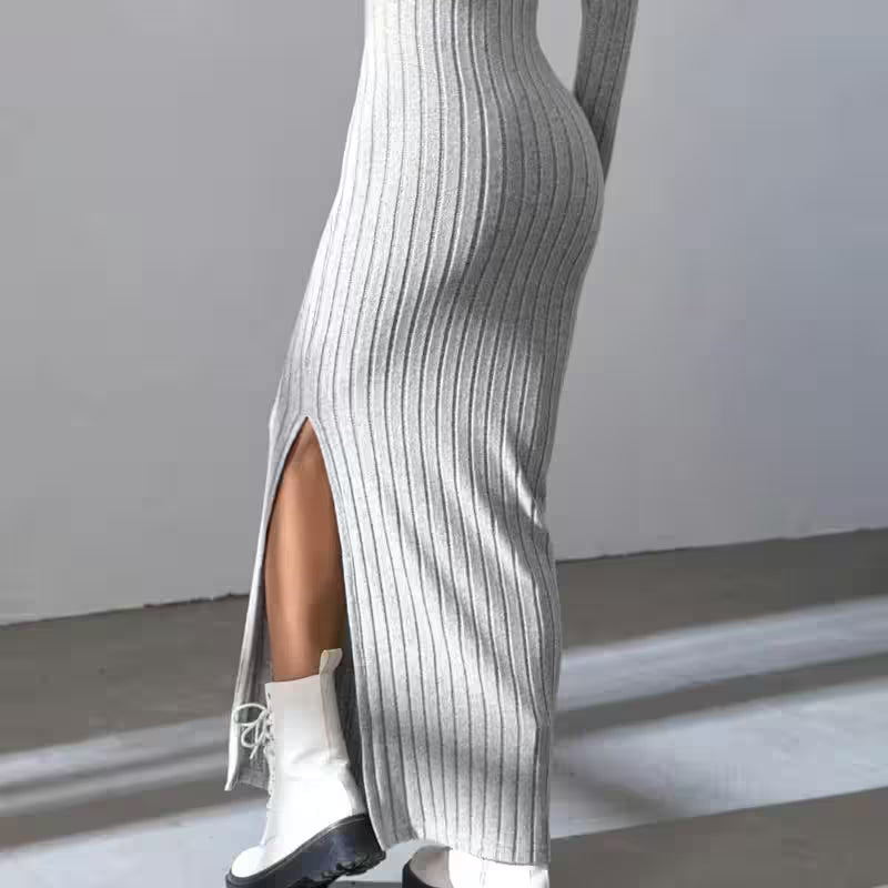 Sexy knit V-neck reverse neck split dress autumn winter - Additional View 5