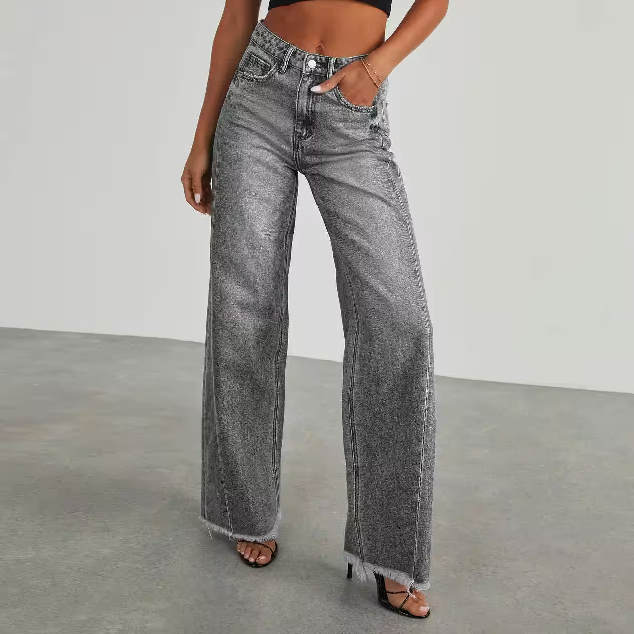 Wide Leg Side Seam Stitching Frayed Hem Jeans - Additional View 7