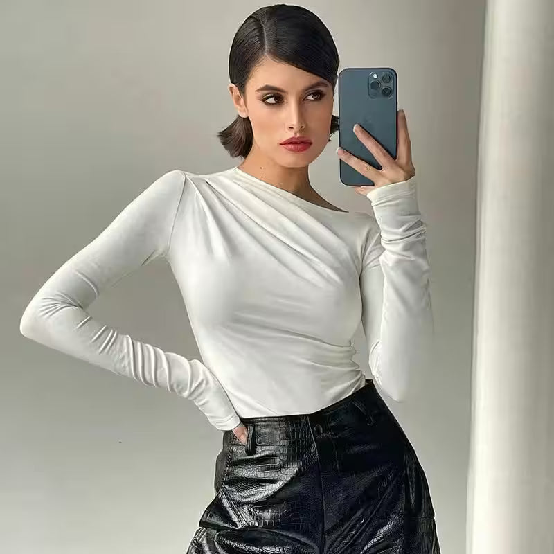 T-Shirts Basic Crop Top Autumn Pollover Solid Skew Neck - Additional View 8