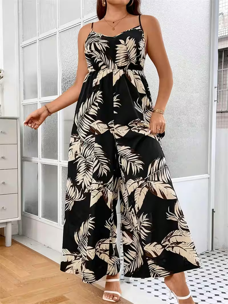 Bottoms - Plus Size Tropical Print Cami Jumpsuits