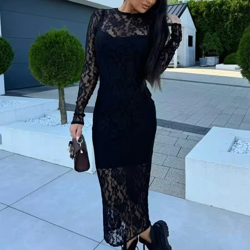 Hollow Out Lace Party Dress Fashion Sexy Printing Slim - Additional View 2