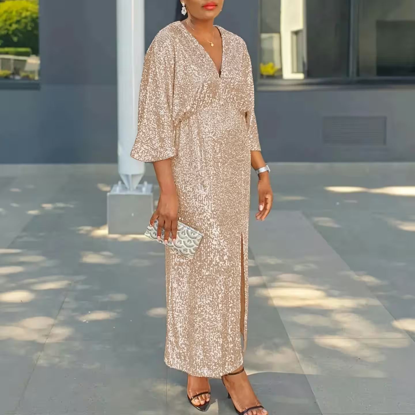 Plus Size Sequined Split Luxury Party Dress - Additional View 2