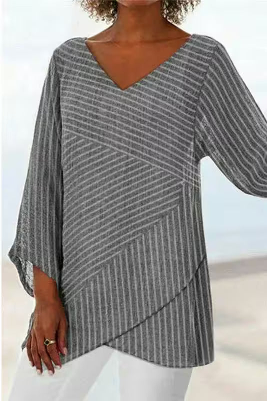 Plus Size Casual Striped Print V Neck Asymmetric - Additional View 4