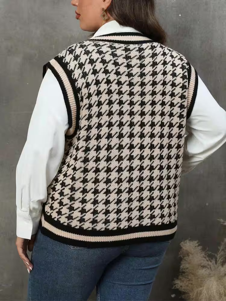 Plus Size Vintage Houndstooth Knitted Sweater Tops - Additional View 2