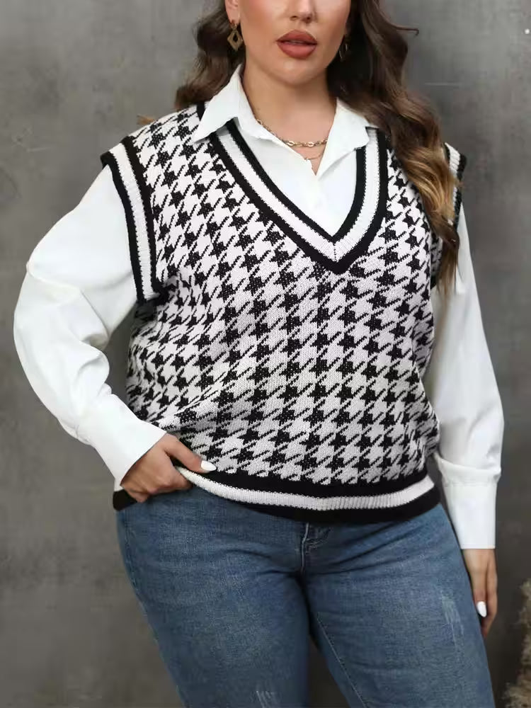 Plus Size Vintage Houndstooth Knitted Sweater Tops - Additional View 6