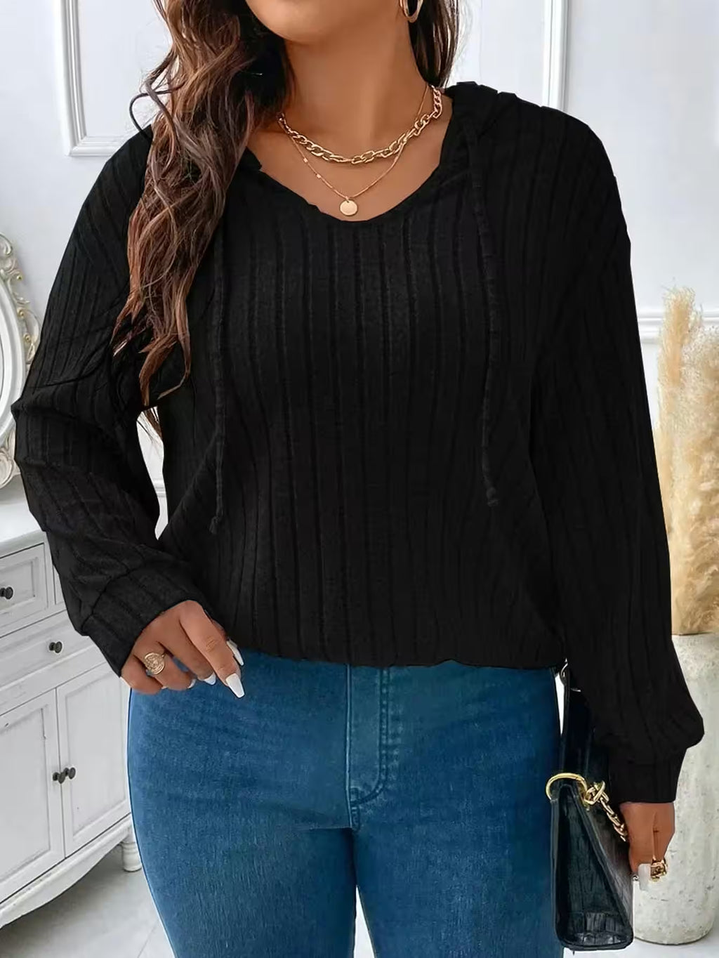 Plus Size Top V-neck Hooded Long Sleeved - Women's Fashion - View 8