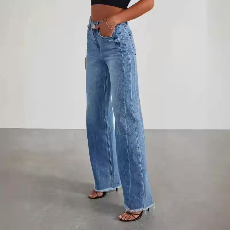 Wide Leg Side Seam Stitching Frayed Hem Jeans - Additional View 2