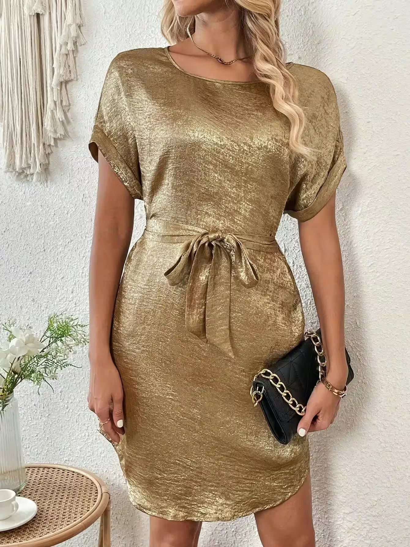 Dress Elegant small, round neck, short sleeve, belt casual - Additional View 5